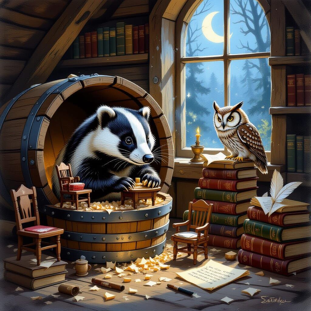 Whimsical Badger Crafting Furniture in Beer Keg