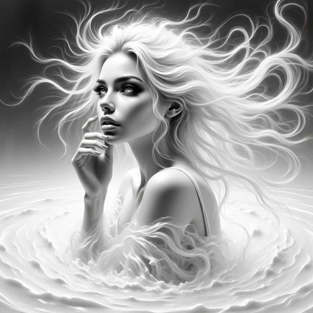 Monochromatic Woman Dissolving into Milk, Fine Art Style