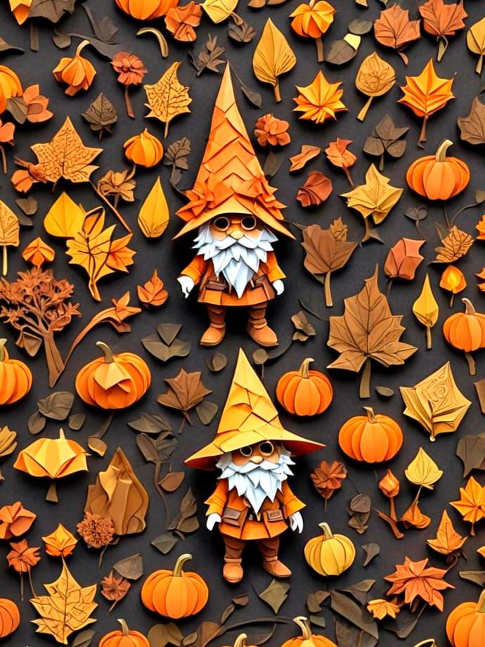 Giger-Inspired Origami Gnomes in Autumn Pumpkin Patch