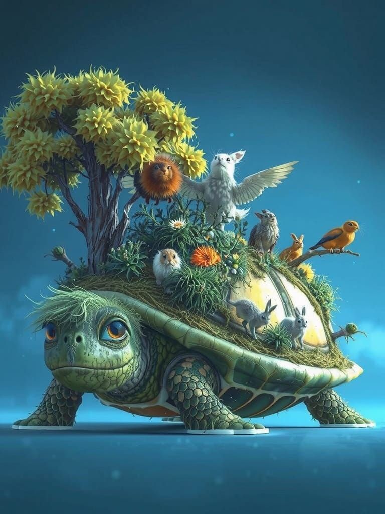 A colossal turtle, its shell a mosaic of earthy tones, rises majestically from the foamy turquoise ocean, waves gently l...