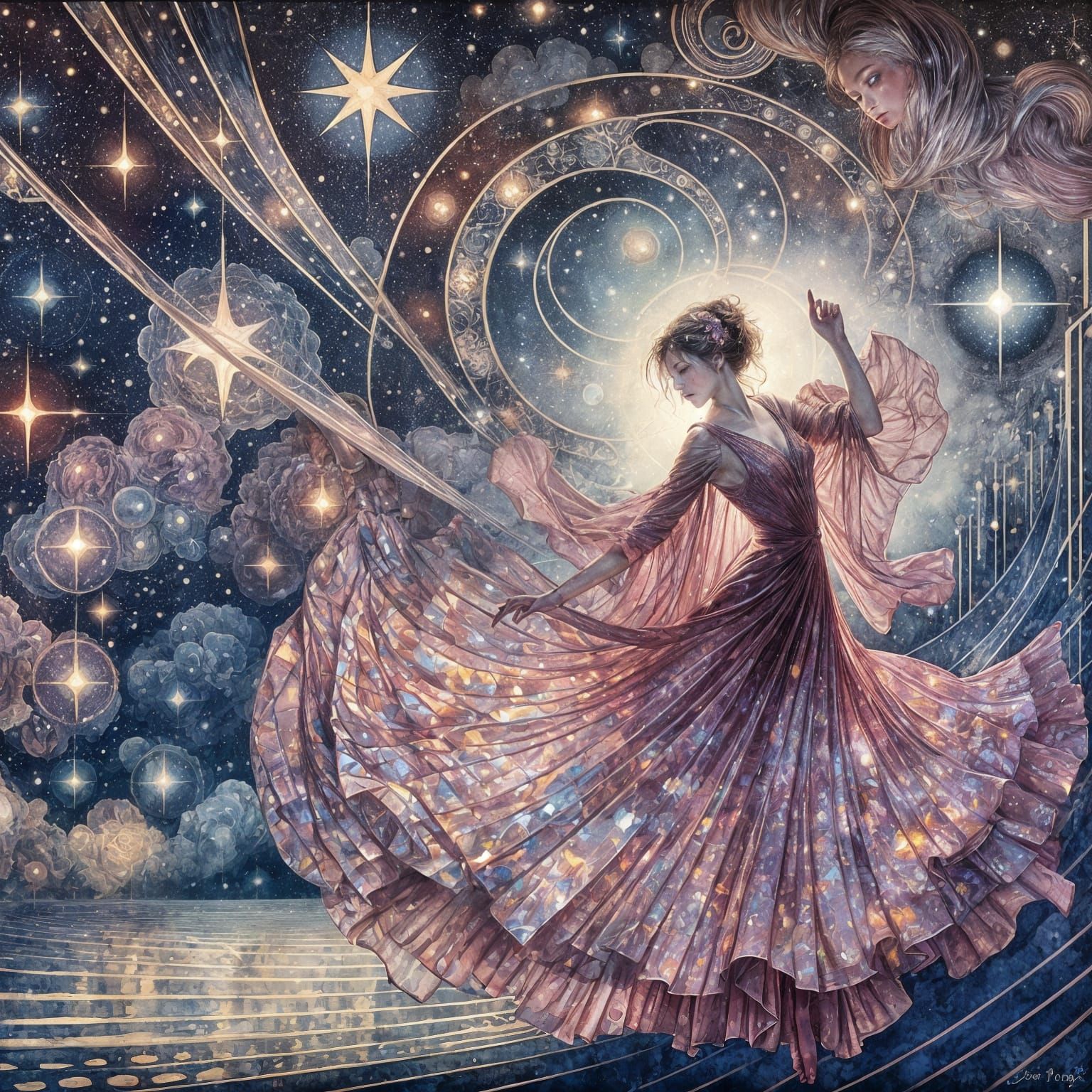 Une belle femme de profil danse sous un ciel étoilé, vêtue d...