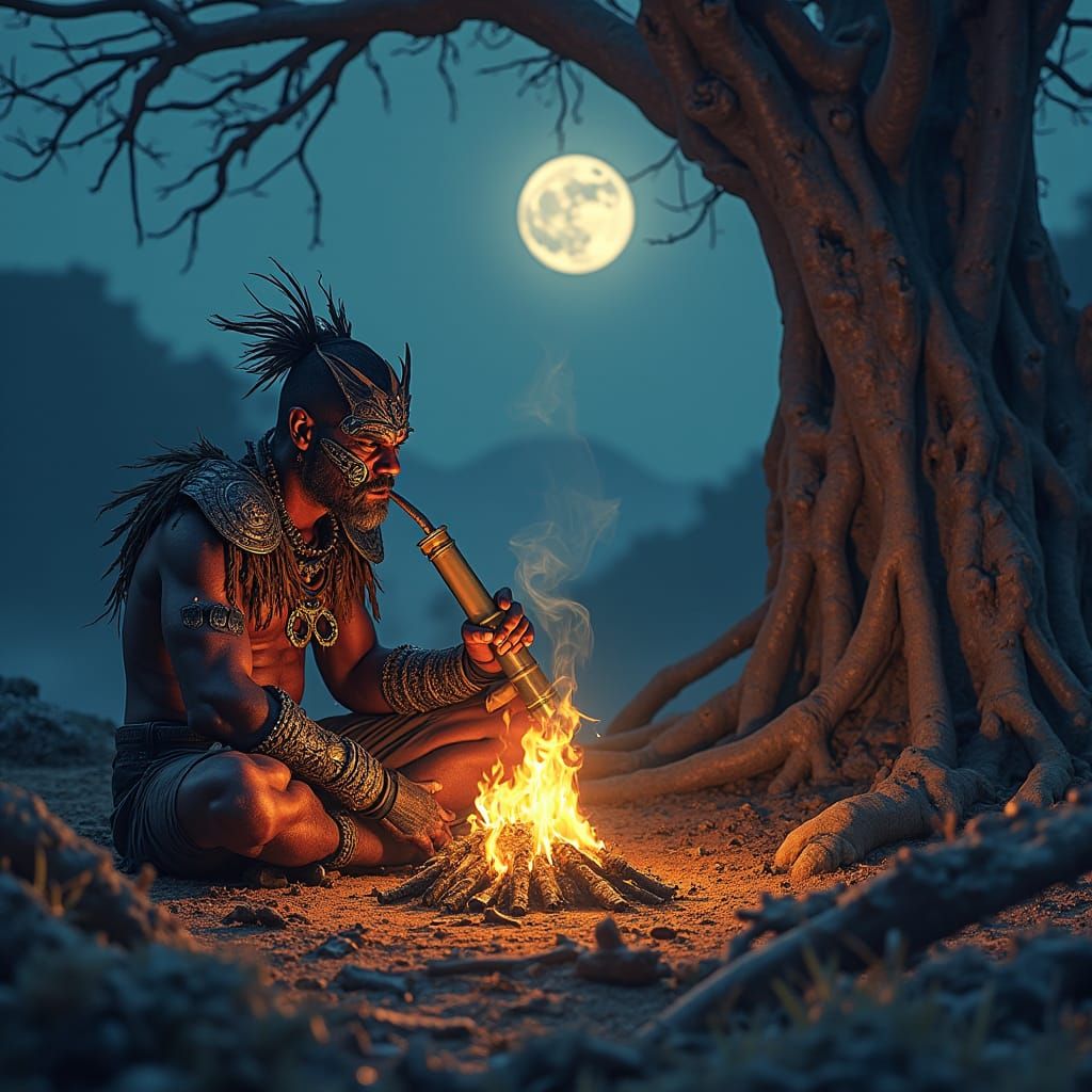Dragonborn Warrior Smoking Bong at Campfire