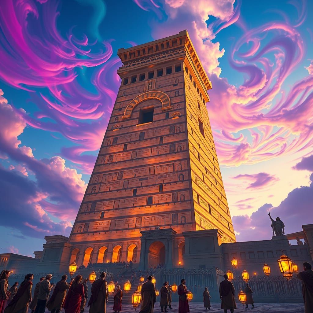 Restored Alexandria Library Tower with Psychedelic Sky