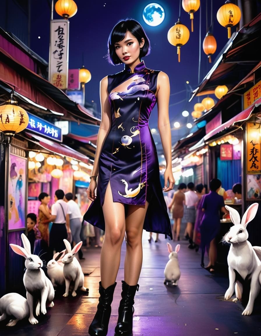 Thai Model in Rabbit Cheongsam: Vibrant Fashion Sketch