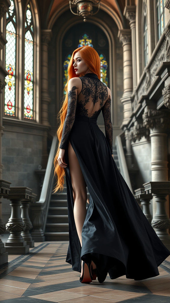 Ginger Haired Girl in Black Gown, Fantasy Concept Art