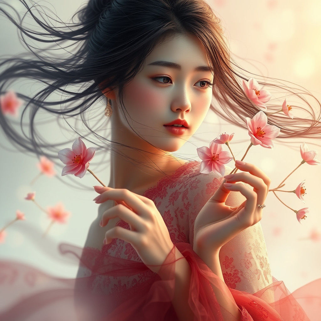 Korean Girl with Flowers in Dreamy Digital Art