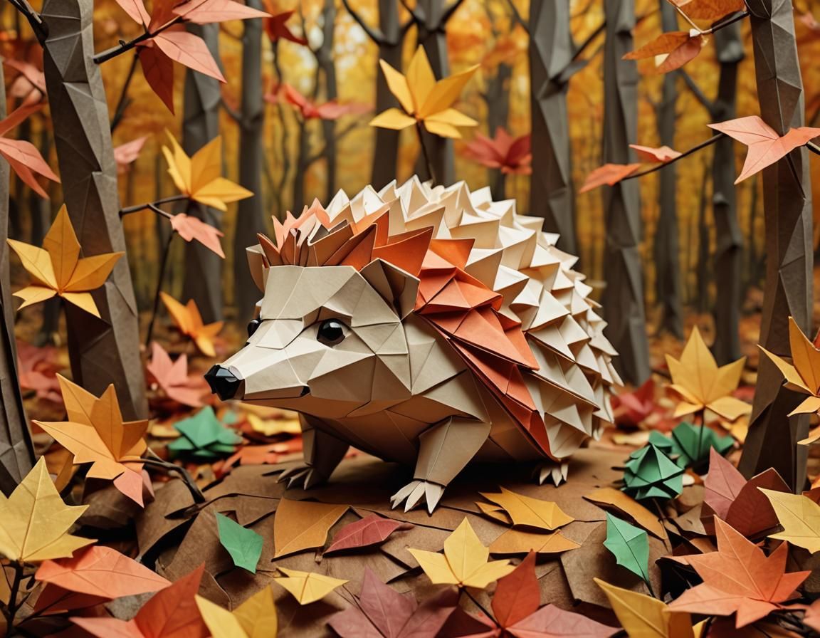 Photorealistic Origami Hedgehog in Autumn Forest