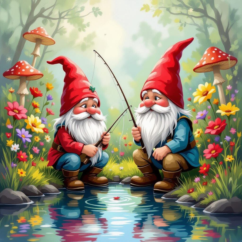 Grumpy Gnome Fishing by Mushroom Background