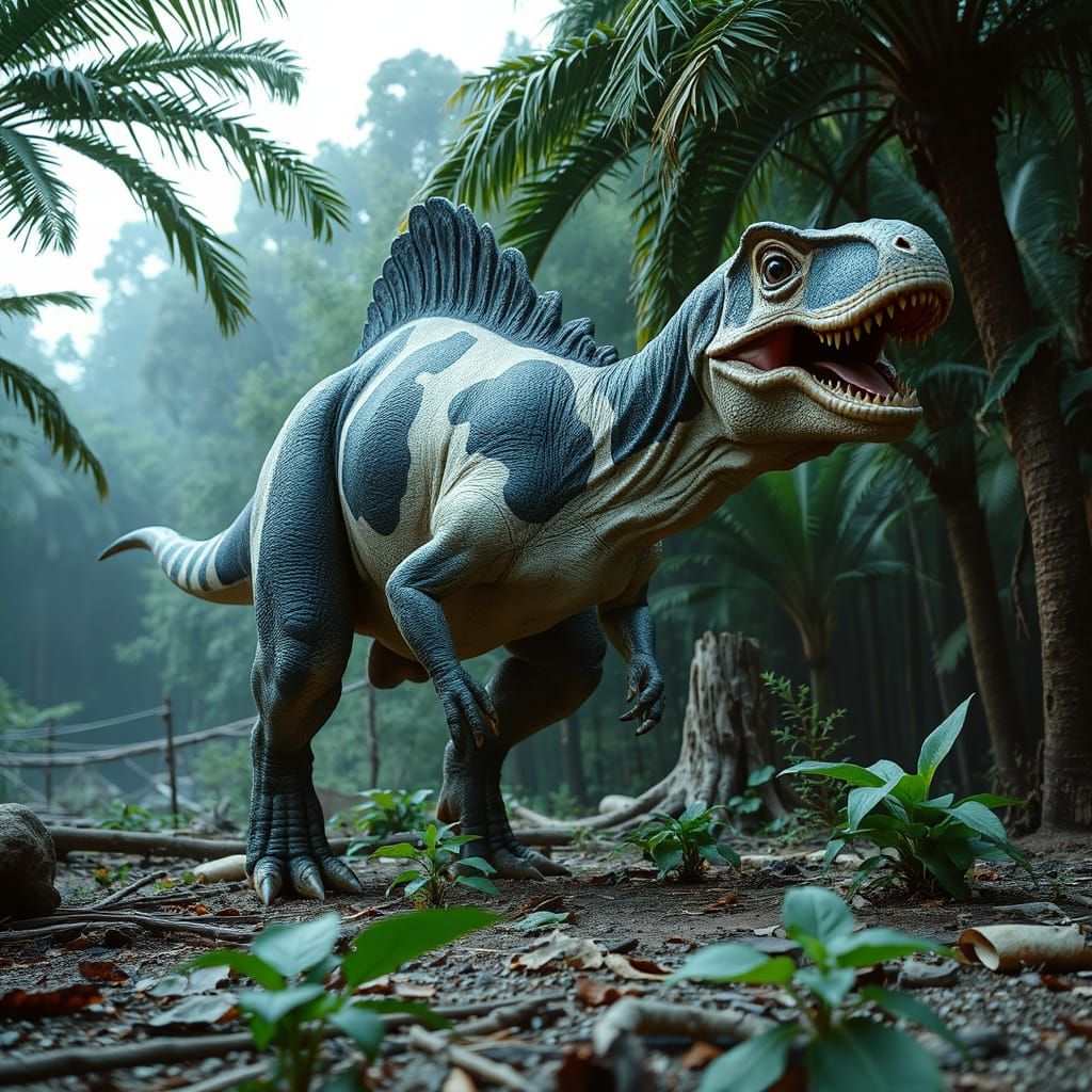 Cow Patterned T-Rex in Jungle, Digital Matte Painting