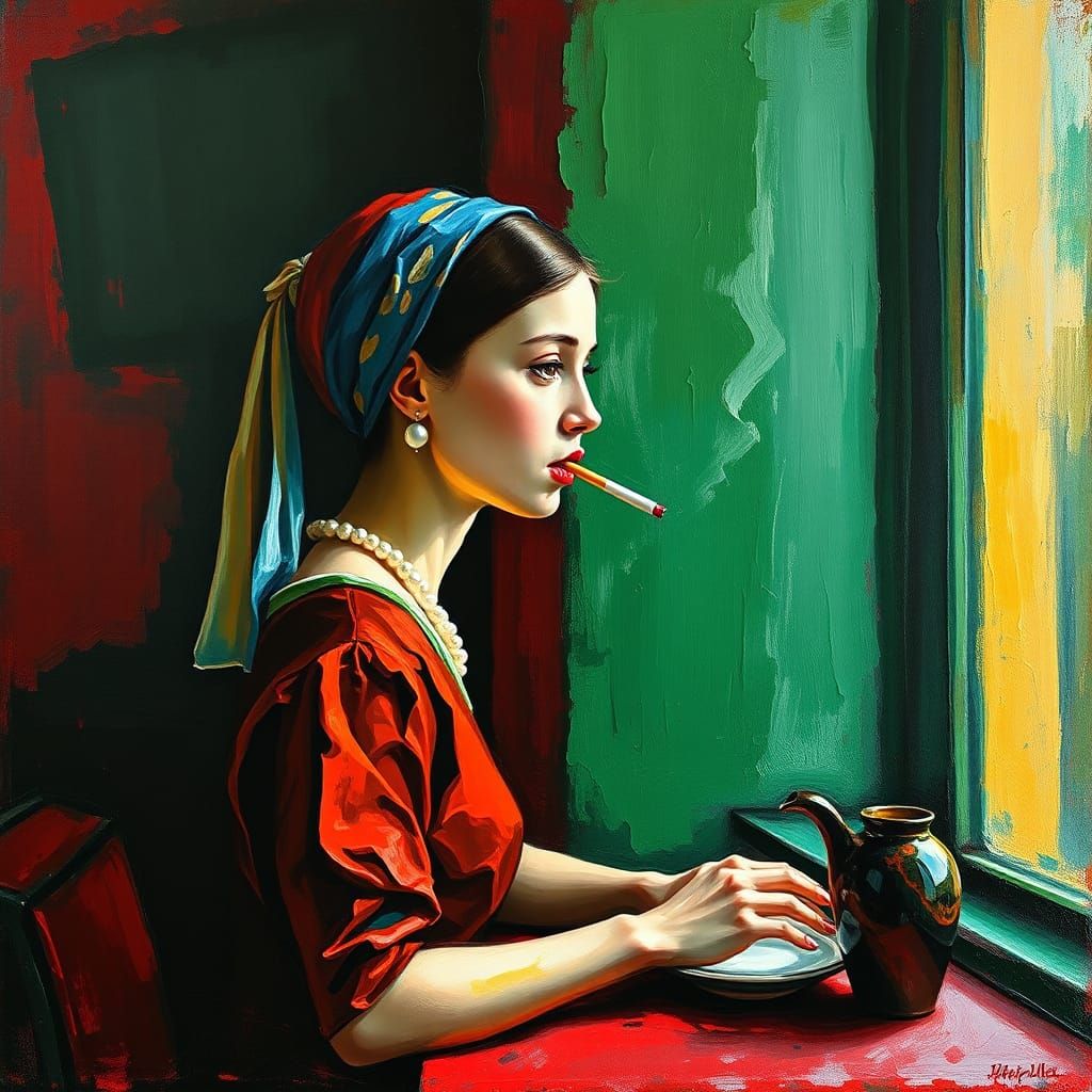 Girl with Pearl Earring Smoking, Expressionist Oil Painting