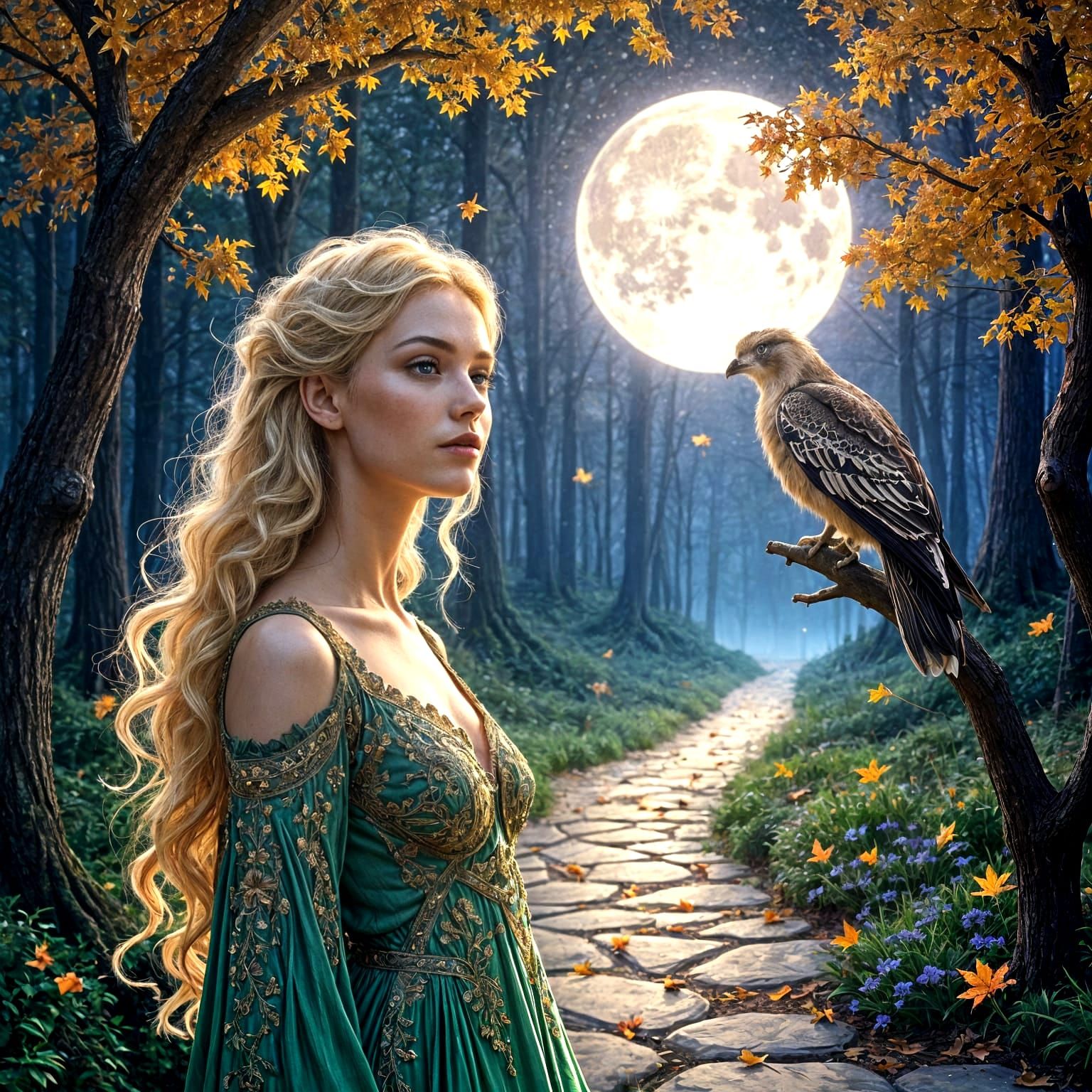 Goddess Freya in Mystical Autumn Forest, Art Nouveau