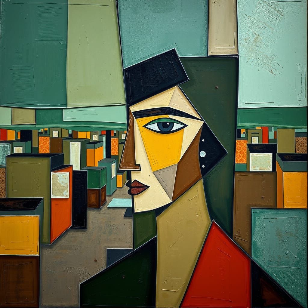 Cubist Masterpiece in Vibrant Greens and Golds