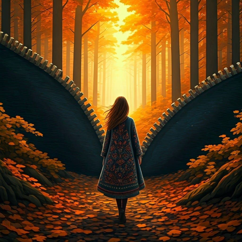 Woman Enters Autumn Forest with Zipper, in Fantasy Style