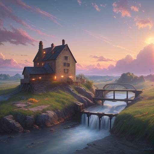 Dreamlike Mill Landscape in Vibrant Cinema 4D Style