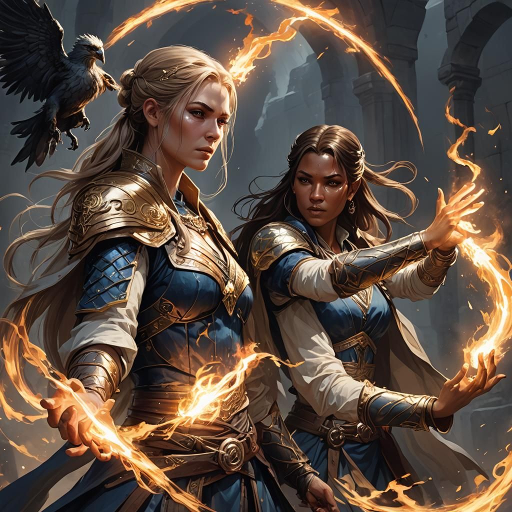 Aasimar Sorceress Healing Fighter in Dark Fantasy Style