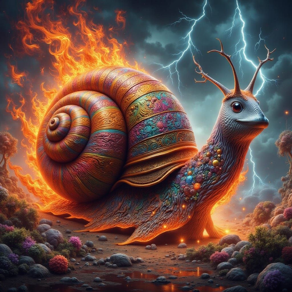 Flaming Snail Crawls Through Lightning Storm