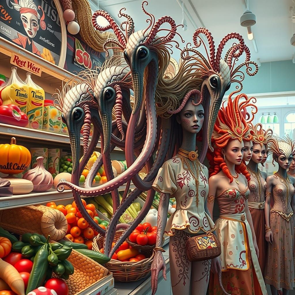 Whimsical Alien Hybrids in a Bauhaus Cubist Grocery