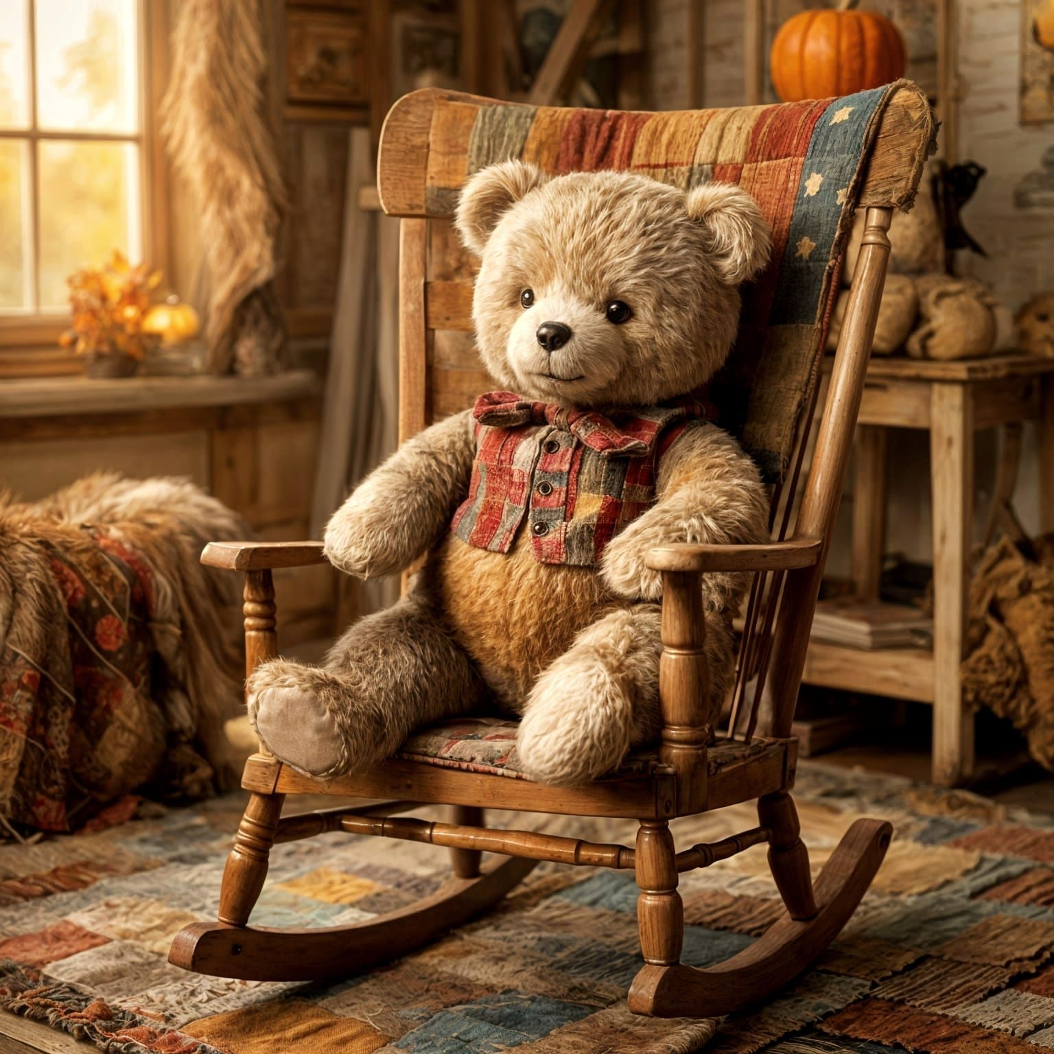 Friendly Teddy Bear in Cozy Autumnal Scene