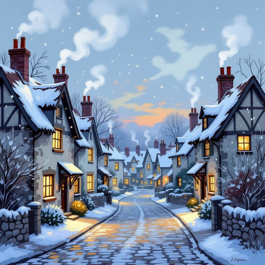 Cozy Village Scene in Gouache Illustration Style