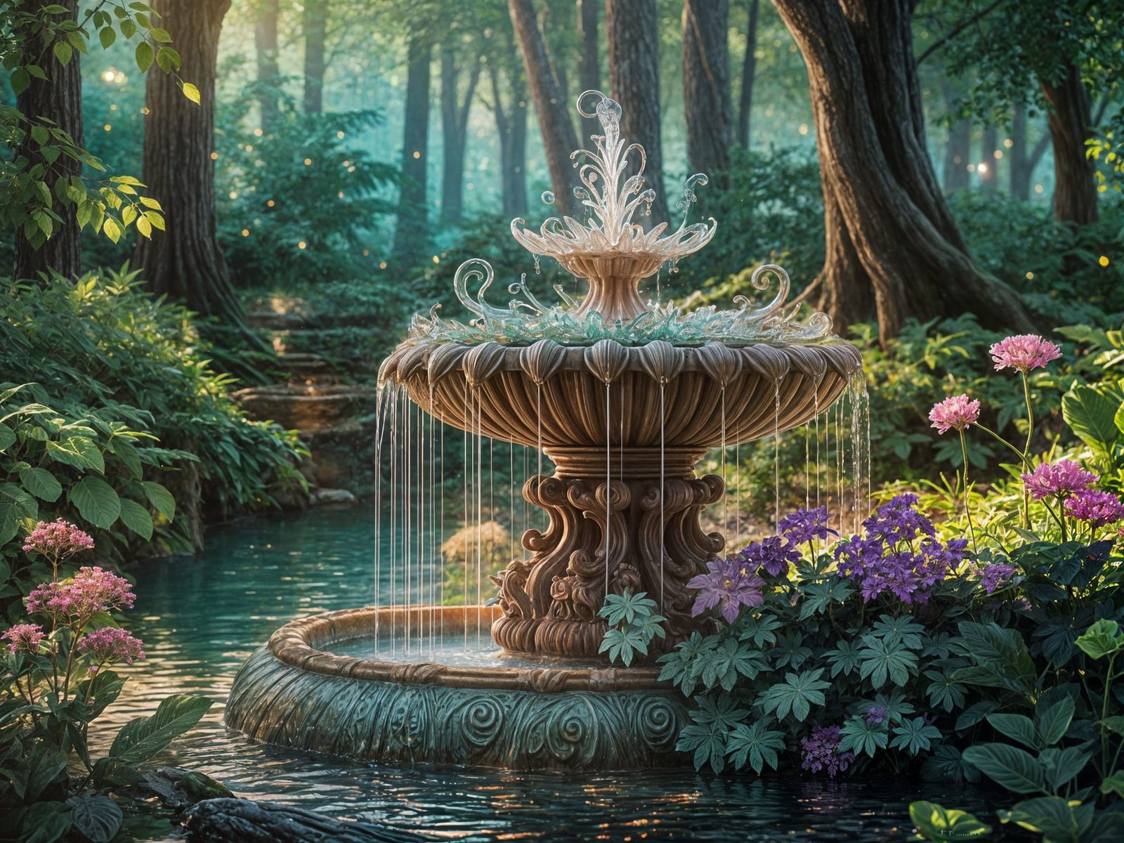 Enchanted Fountain in Manga Style Forest