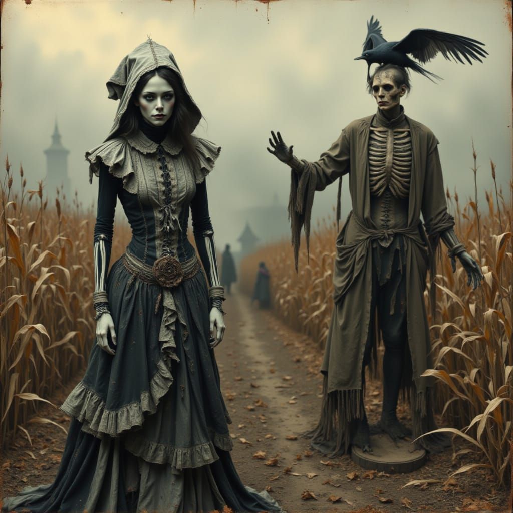 Gothic Horror: Skeletal Woman in Tattered Victorian Dress