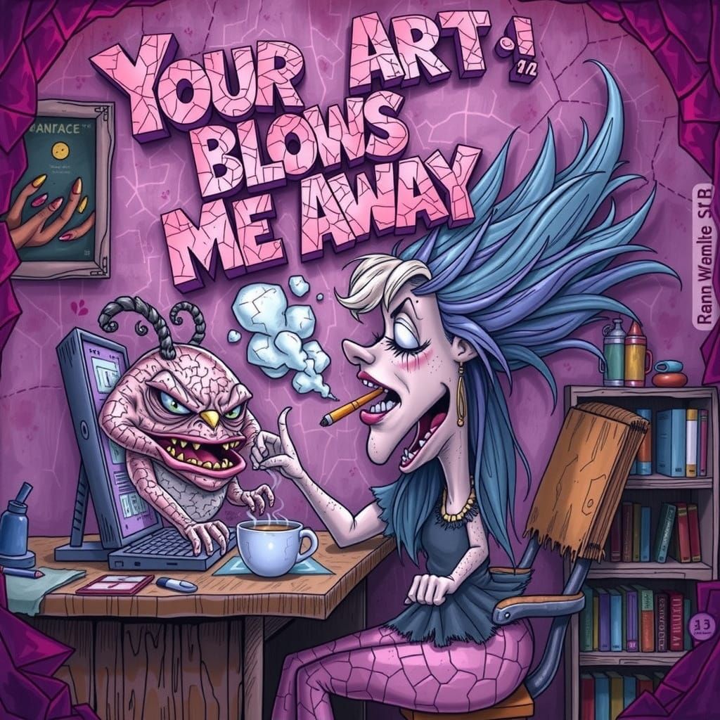 In the style of R. CRUMB, at the top of the canvas floats te...