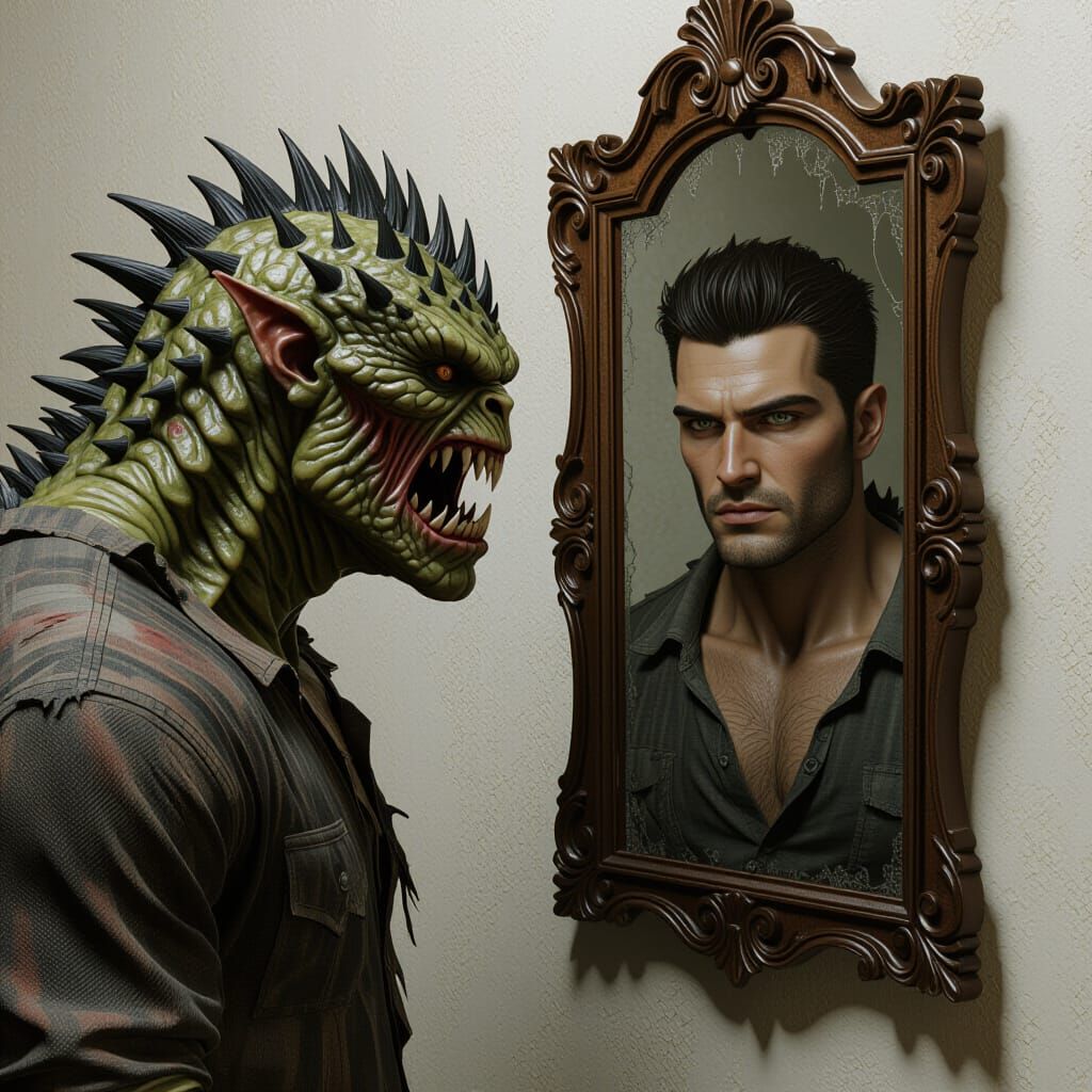 Terrifying Monster and Handsome Man Reflection