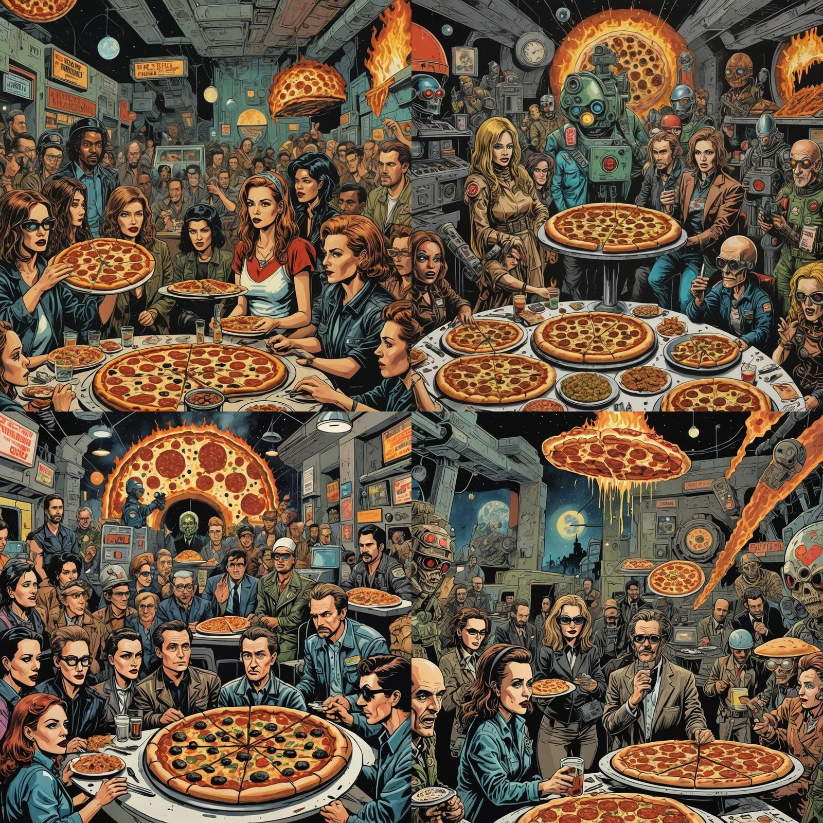 Dystopian Pizza Party in Retrofuturist Comix Style