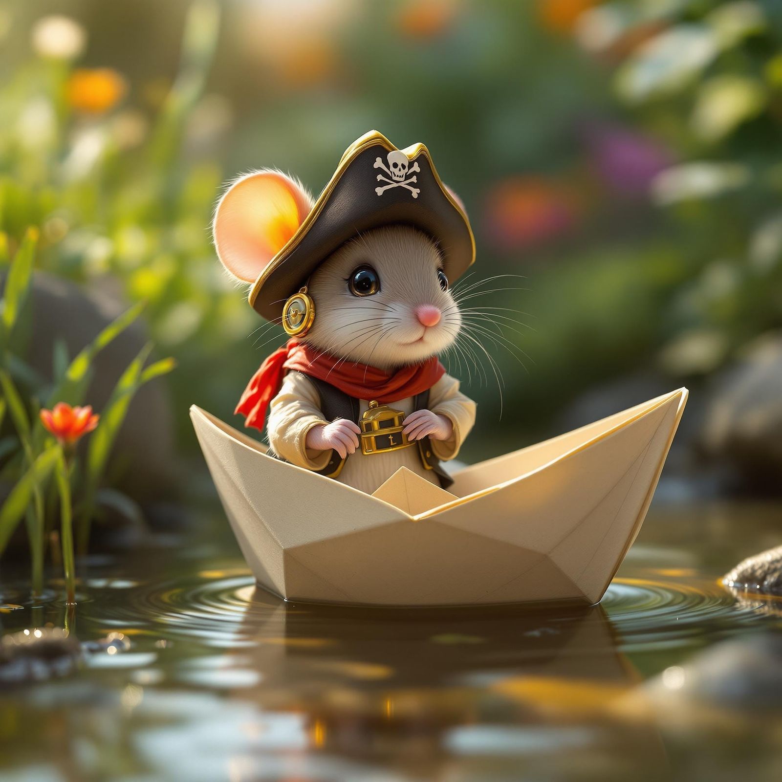 Whimsical Pirate Mouse at the Helm of a Delicate Paper Boat