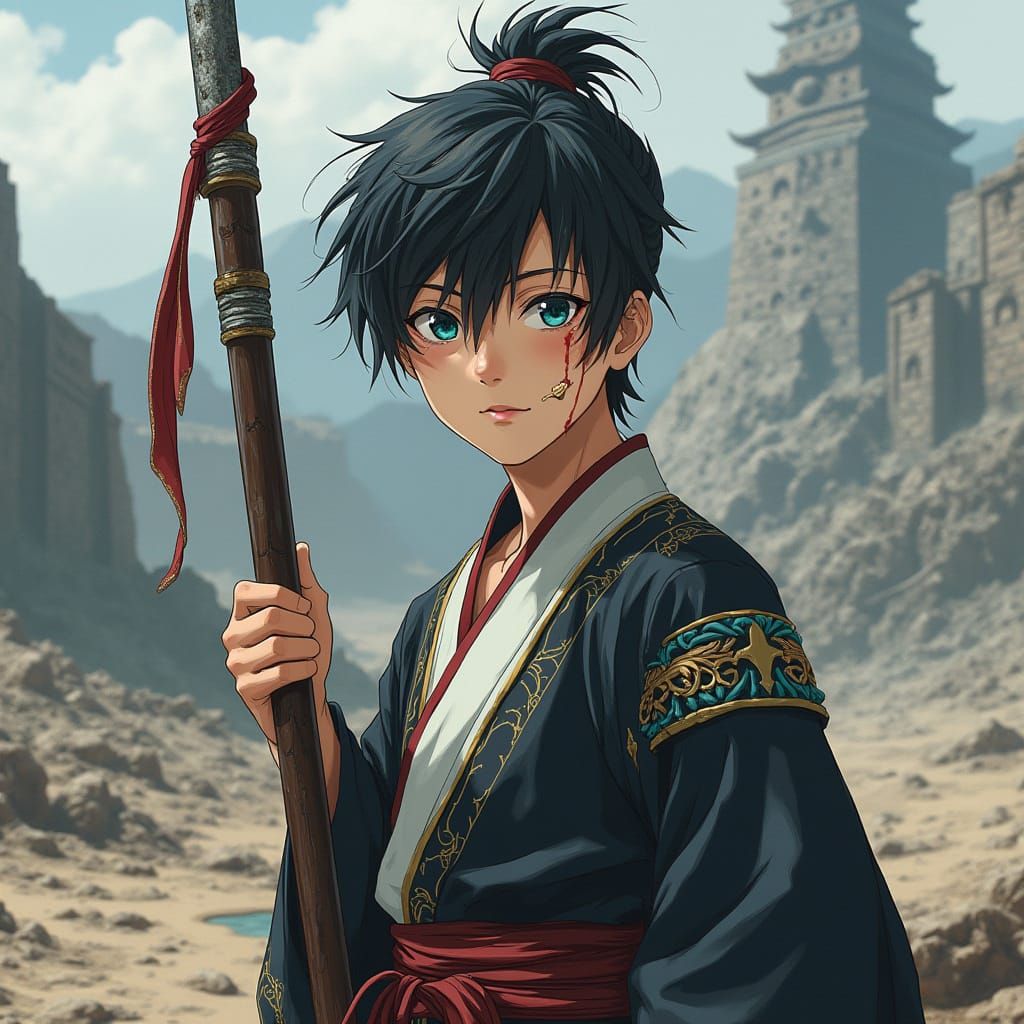 Cyberpunk Warrior Stands Tall with Weathered Iron Staff