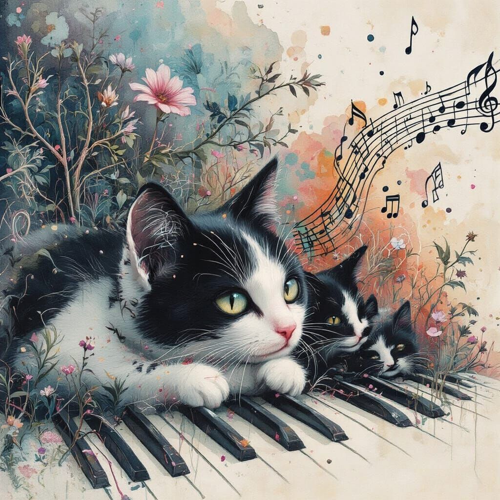 Dreamlike Scene of Cats and Whimsical Figure