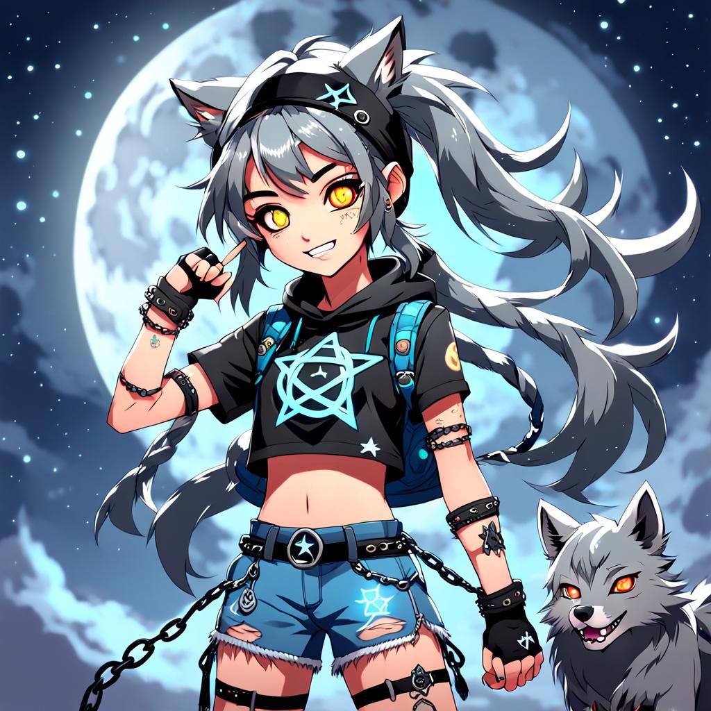 Anime Wolf Girl Avatar in Ash Neon Moonlight