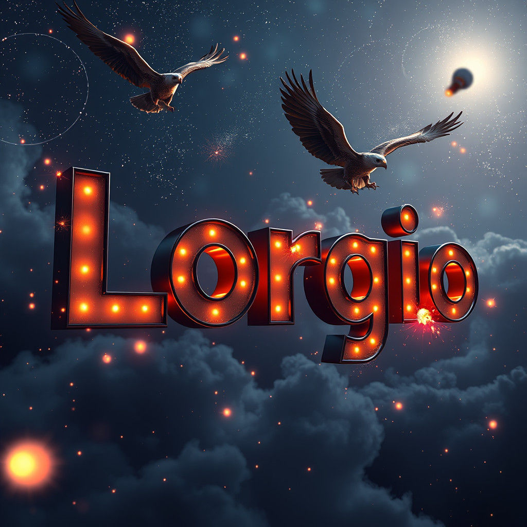 Futuristic 3D Name Lorgio with Fireworks and Eagles