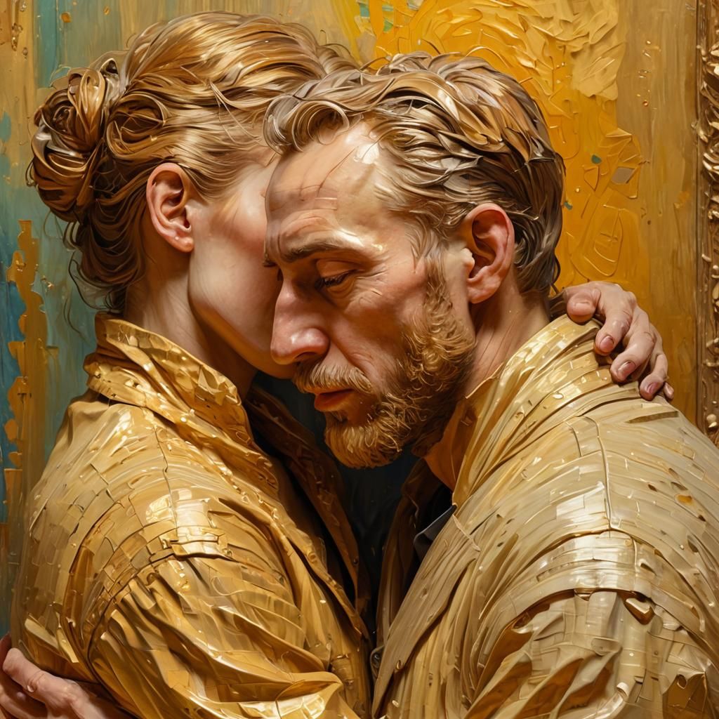 Embracing Figures in Golden Light as Impasto Oil Painting