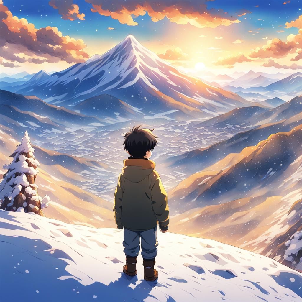 Anime Boy on Snowy Mountain Landscape