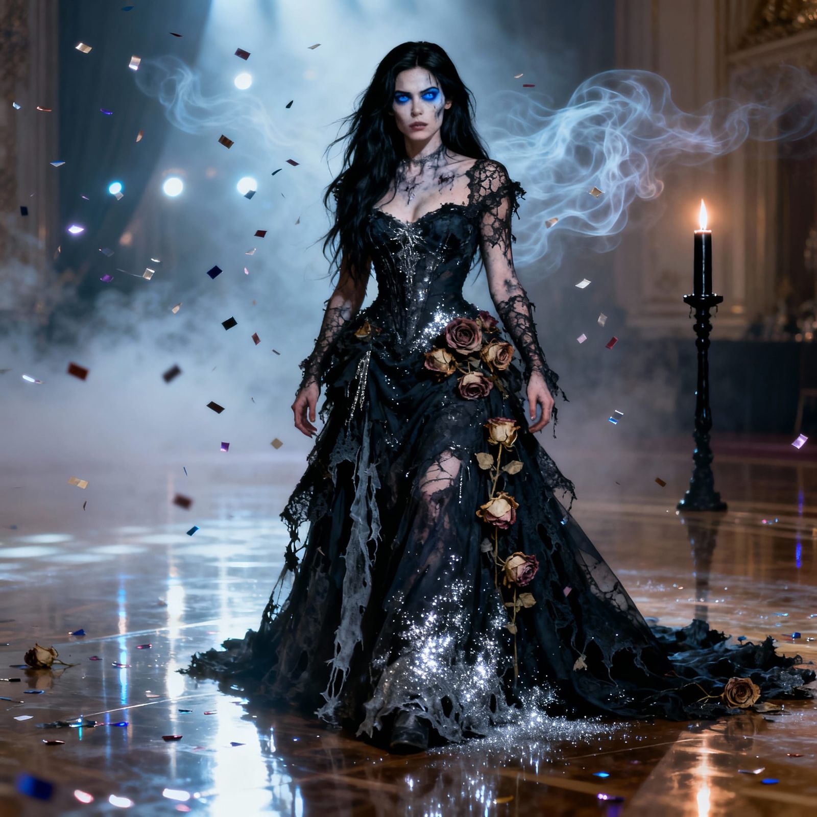 Ethereal Undead Prom Queen in Gothic Ballroom