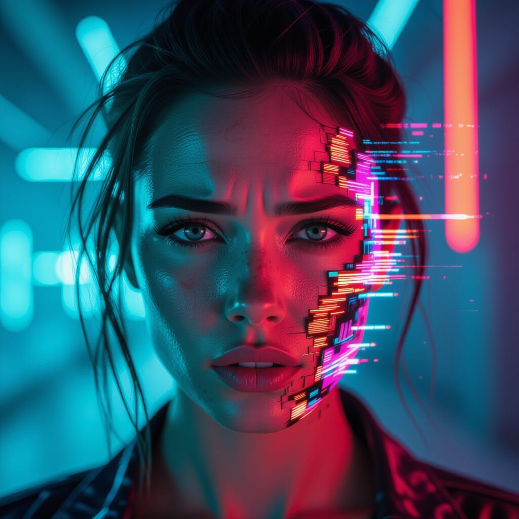 Surreal Digital Portrait of Woman's Glitching Transformation