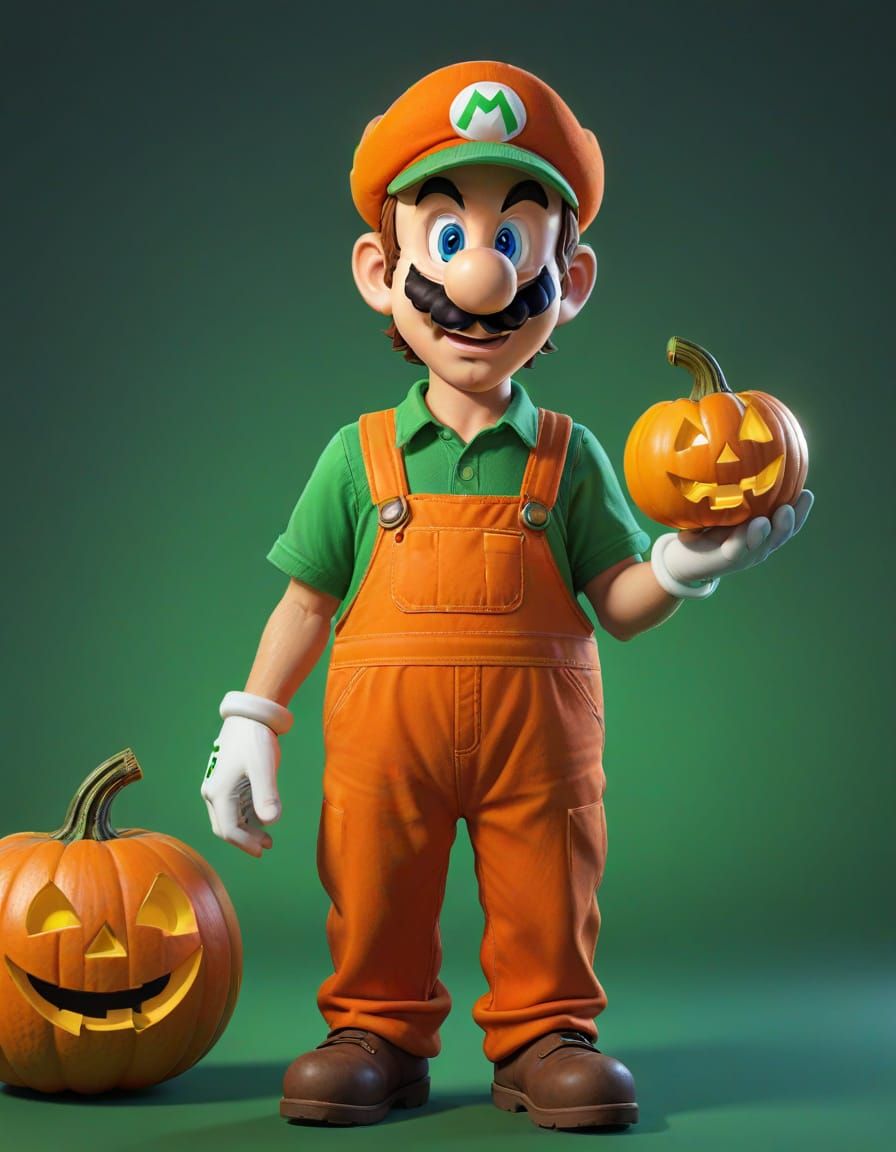 Luigi As Jack-o-Lantern Character in Pixar Style