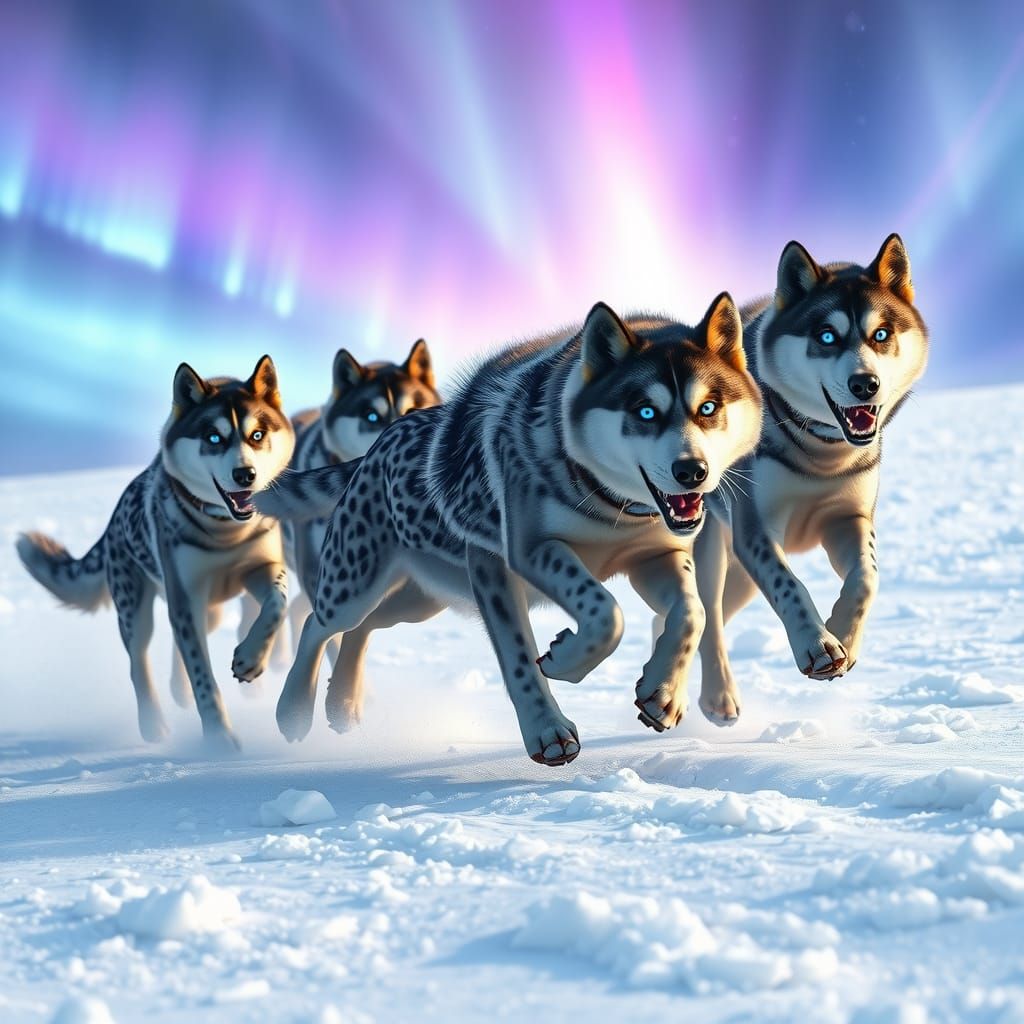 Leopard Huskies Leap Across Antarctic Snowscape