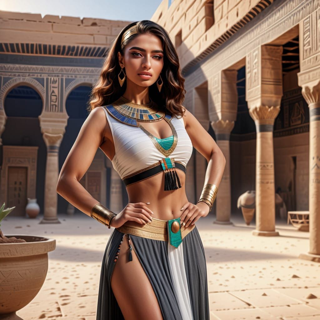 Egyptian Goddess of Beauty in Ancient Courtyard