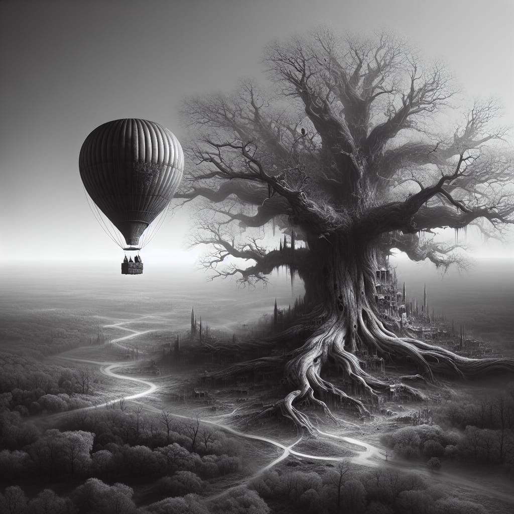 Dystopian Hot Air Balloon Ascends from Barren Tree