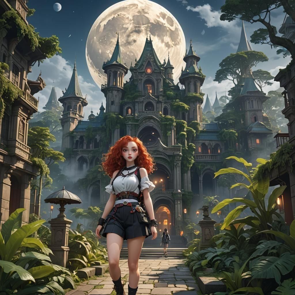 Voluptuous Model in Fantasy Rainforest City: 3D Anime Art