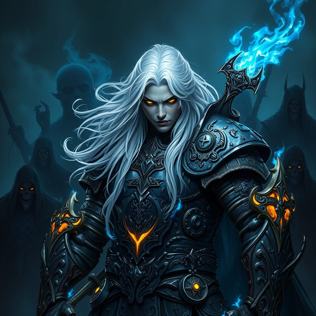 Majestic Warrior Ignited by Blue Flames in Dark Fantasy Styl...
