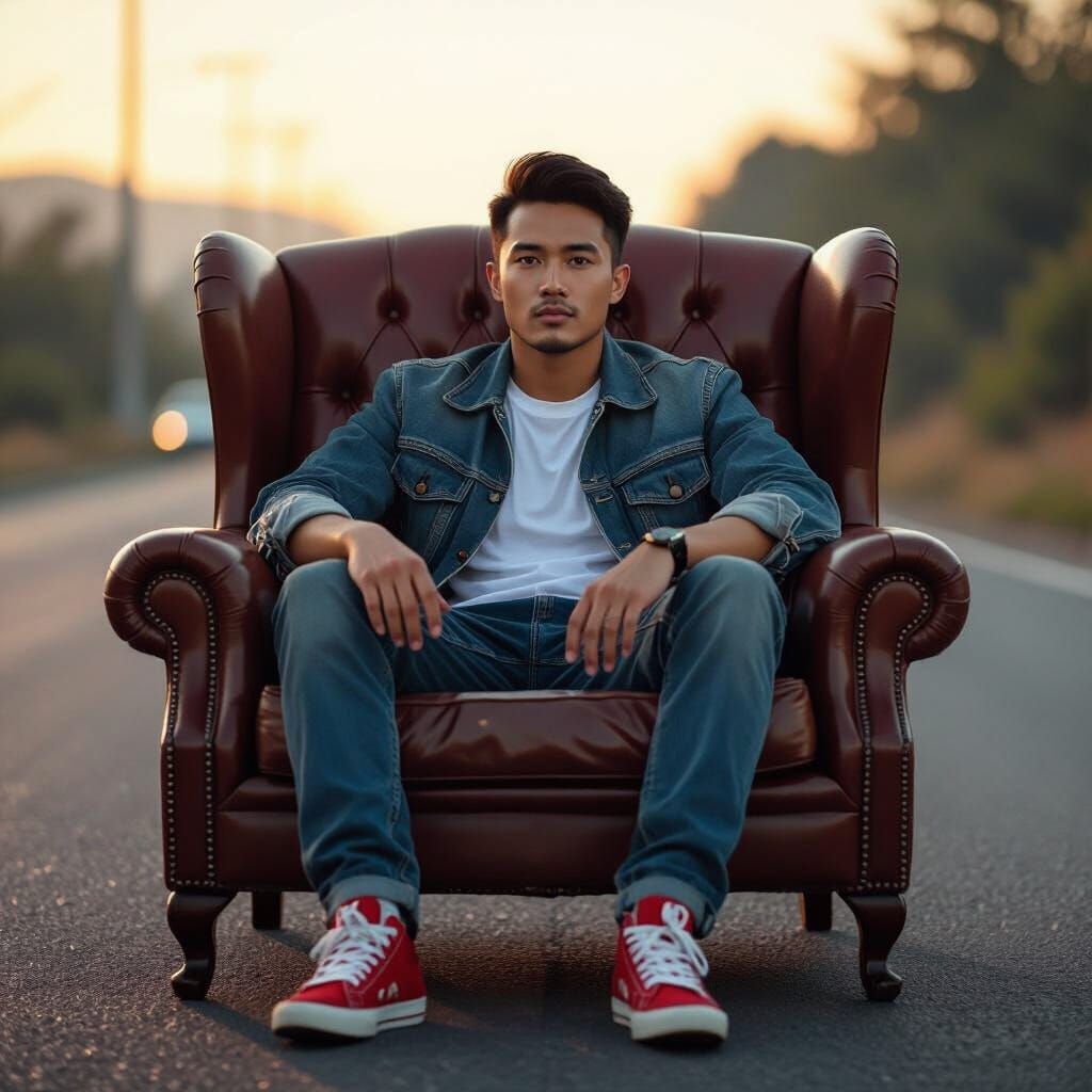 Indonesian Man on Leather Sofa in Neon-Noir Style