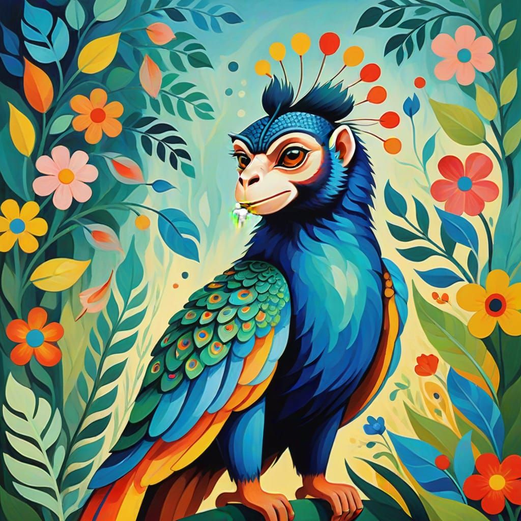 Vibrant Whimsical Monkey-Peacock Hybrid in Iridescent Hues