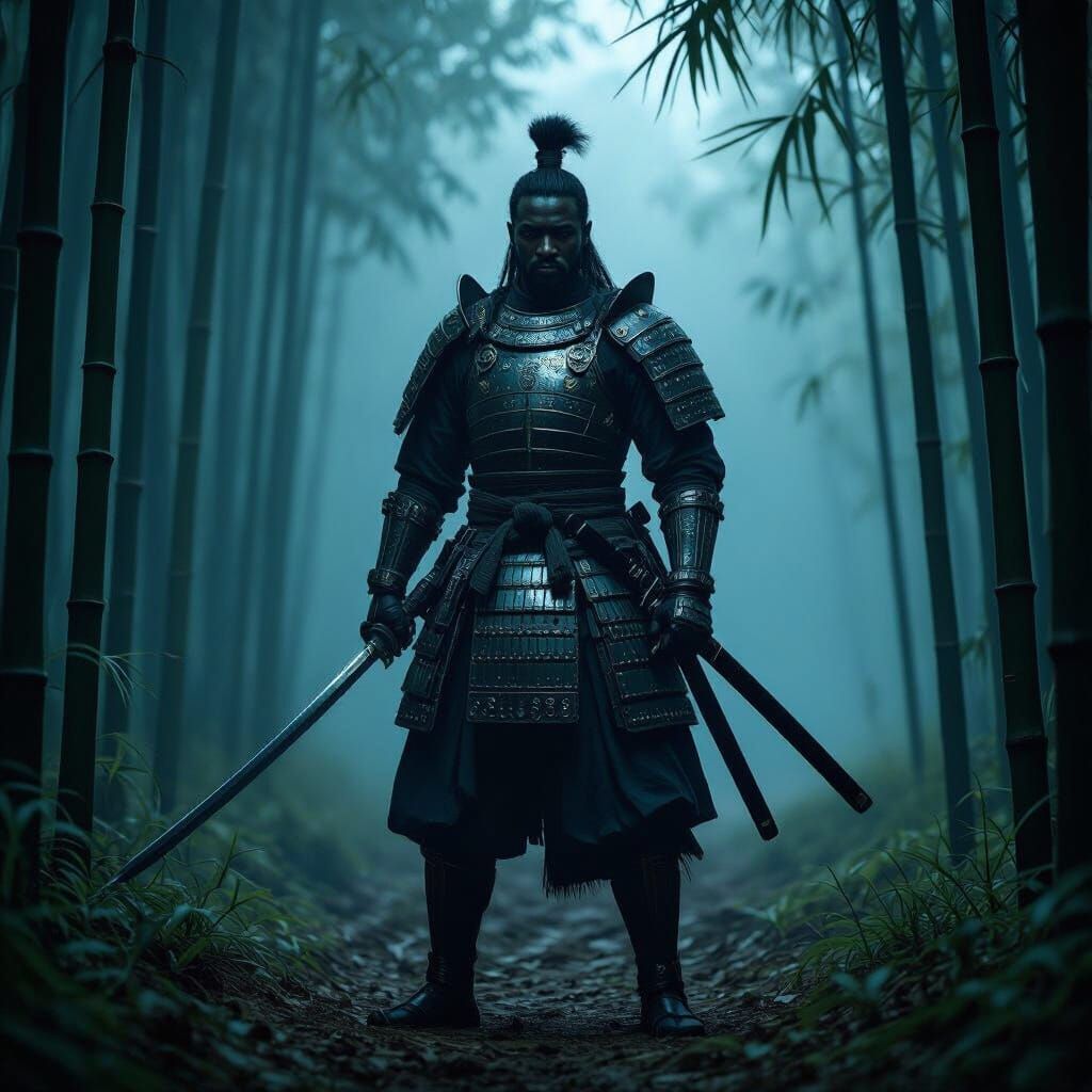 African Samurai in Misty Bamboo Forest
