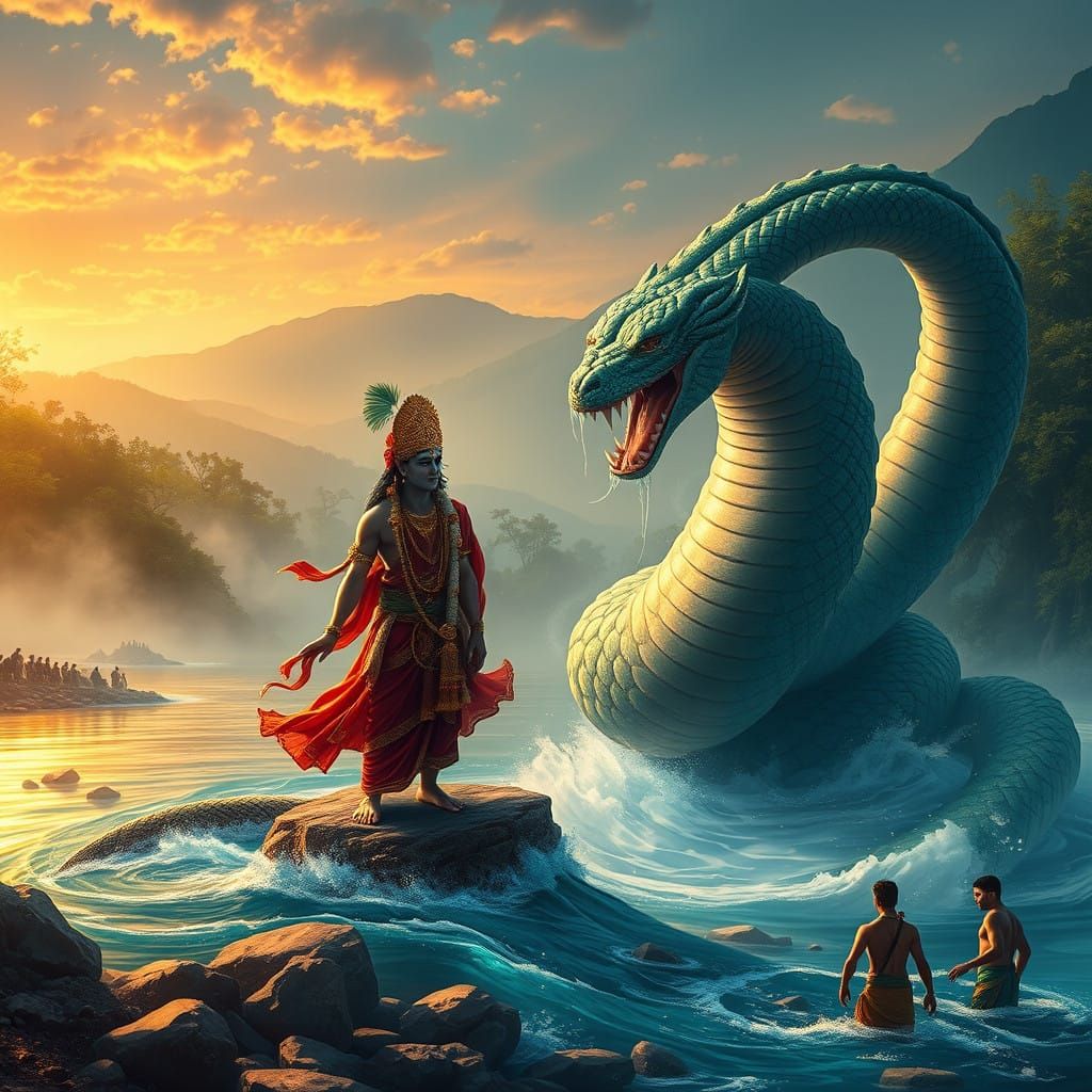 Krishna Battles Serpent Kaliya in Vibrant Indian Fantasy Art