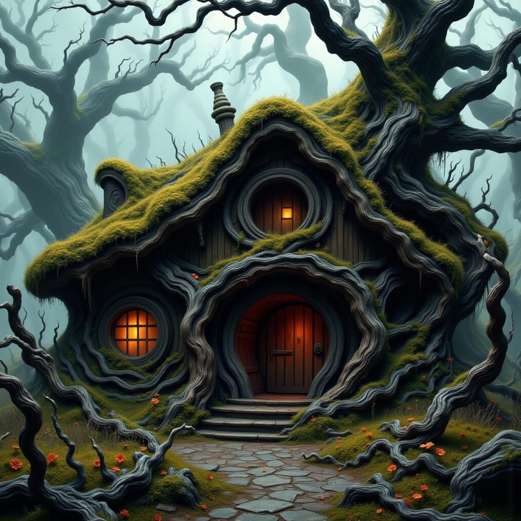 Twisted Woodland Abode in Dark, Abstract Hyper-Reality