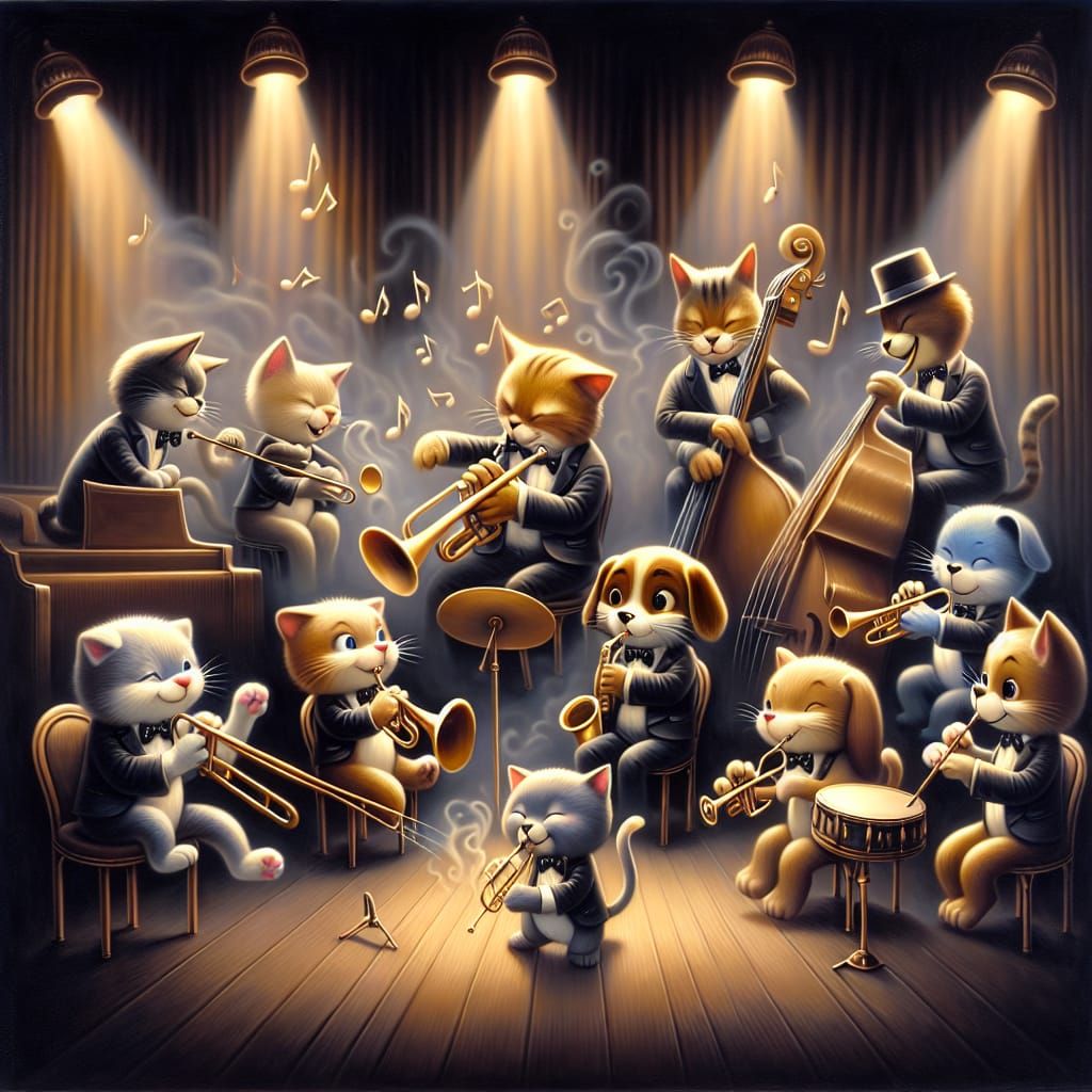 Cats and Dogs Jazz Band in Animated Style