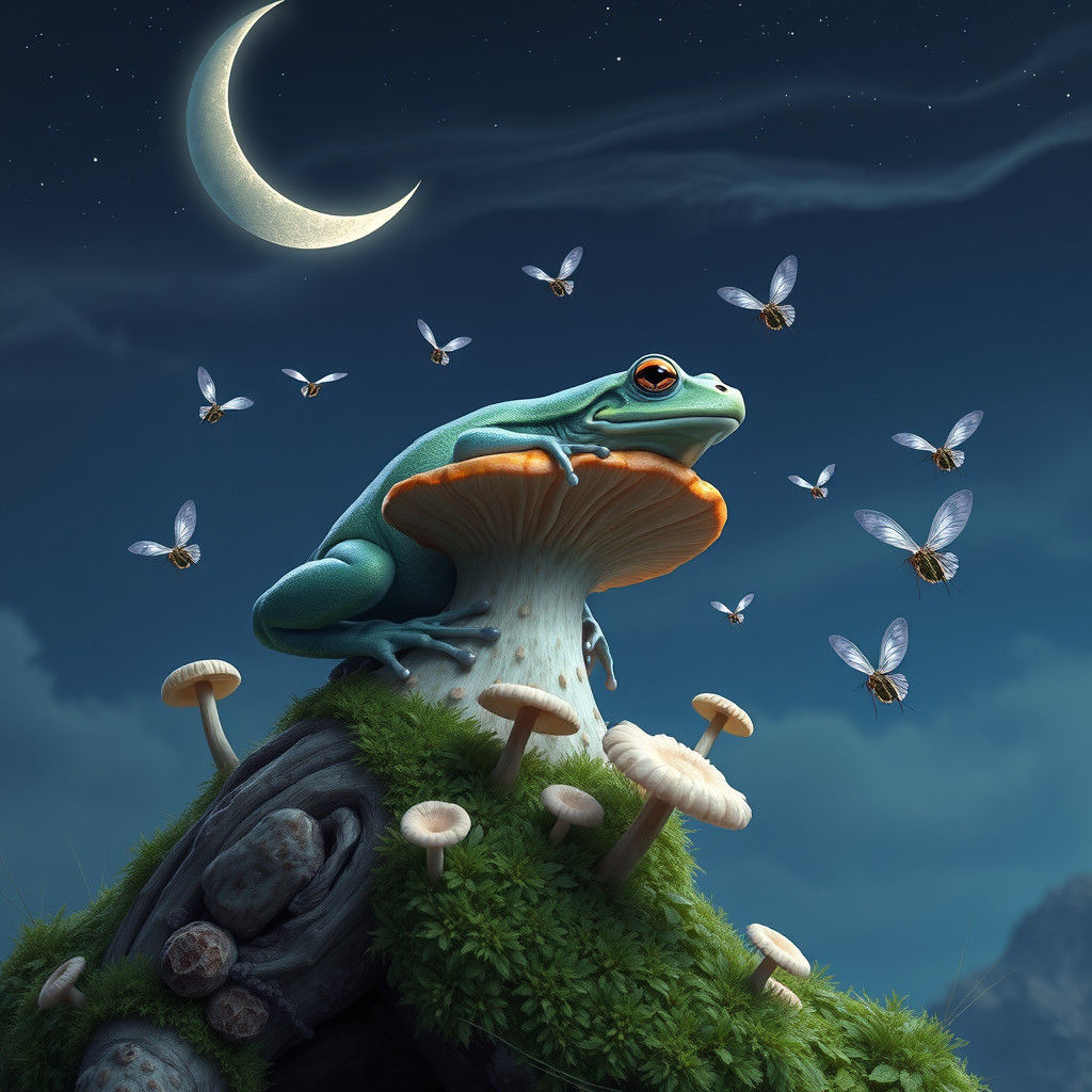 Iridescent Frog and Luna Moths in Dreamlike Forest